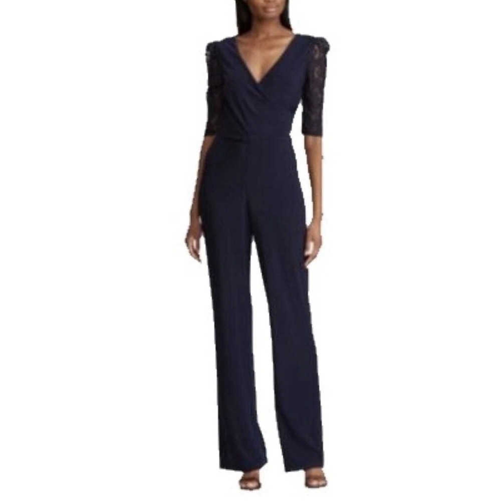 LAUREN‎ RALPH LAUREN SZ 4 Women's Navy Blue Surplice V-neck Jersey Jumpsuit